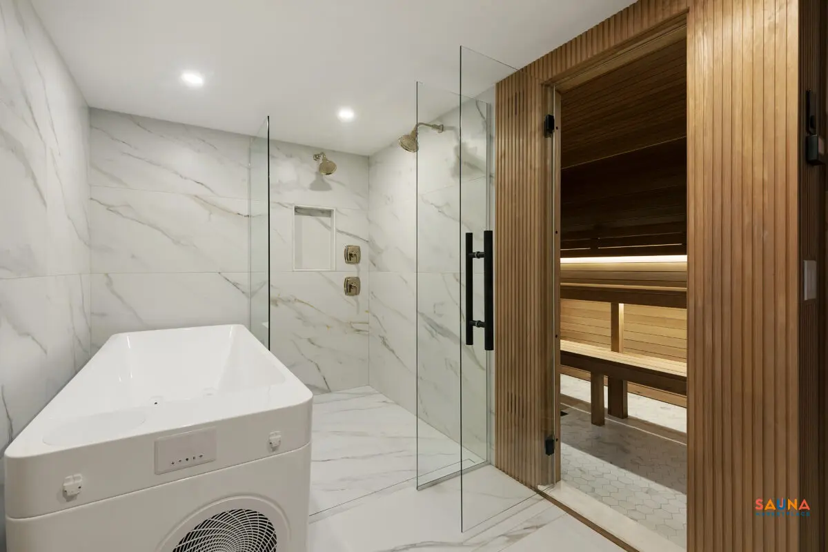 ProSaunas thermo-aspen framed glass sauna door opening into a contemporary sauna